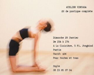 🌿 ATELIER Vinyasa et ouverture des hanches 🌿 avec notre merveilleuse @welburngayle 
.
Dimanche 29 Janvier
De 15h-17h (2h de pratique)
A la Clairière, 5 place J.B. Jogkind, Pantin
.
Une pratique longue de vinyasa dont le focus est l’ouverture des hanches
 .
Cet atelier est l’occasion d’une pratique complète de vinyasa pendant 2h, en traversant toutes les « familles » de postures tout en prenant des moments d’exploration de certaines d’entre elles. C’est l’occasion d’enchainer une longue pratique physique avec un focus particulier sur l’ouverture des hanches, après un temps de pranayama (respiration) et de terminer par une relaxation en ayant suffisamment de temps pour qu’elle soit profitable.
Je voudrais ainsi permettre à ceux qui en ont envie d’aller plus loin dans leur pratique, de dédier ce moment pour faire ce qui n’a souvent pas le temps d’être fait dans un cours « classique ».
.
Ouvert à tous et à toutes (10 places)
 
Tarif : 40€
Inscription ici : gayle_welburn@yahoo.com
.
#atelier #vinyasa #yogapantin #wellness